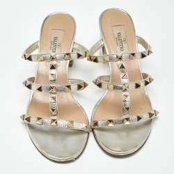 Pre Owned Valentino Metallic Silver Leather Rockstud Caged Slide Sandals Size 36