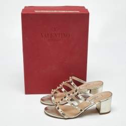 Pre Owned Valentino Metallic Silver Leather Rockstud Caged Slide Sandals Size 36