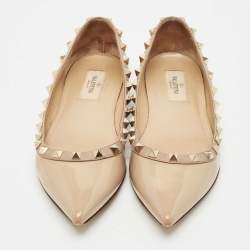 Pre Owned Valentino Beige Patent Leather Rockstud Pointed Toe Ballet Flats Size 37.5
