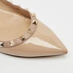 Pre Owned Valentino Beige Patent Leather Rockstud Pointed Toe Ballet Flats Size 37.5