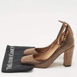 Pre Owned Valentino Dark Brown Suede Crystal Embellished Block Heel Pumps Size 38.5