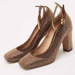 Pre Owned Valentino Dark Brown Suede Crystal Embellished Block Heel Pumps Size 38.5