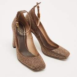 Pre Owned Valentino Dark Brown Suede Crystal Embellished Block Heel Pumps Size 38.5