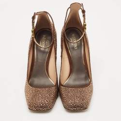 Pre Owned Valentino Dark Brown Suede Crystal Embellished Block Heel Pumps Size 38.5