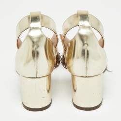 Pre Owned Valentino Gold Leather Soul Rockstud Ankle Strap Block Heel Sandals Size 35.5