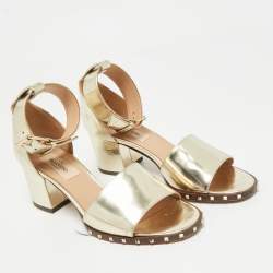 Pre Owned Valentino Gold Leather Soul Rockstud Ankle Strap Block Heel Sandals Size 35.5