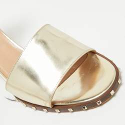 Pre Owned Valentino Gold Leather Soul Rockstud Ankle Strap Block Heel Sandals Size 35.5