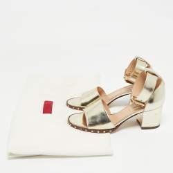 Pre Owned Valentino Gold Leather Soul Rockstud Ankle Strap Block Heel Sandals Size 35.5