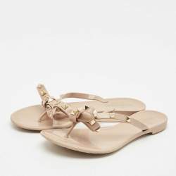 Pre Owned Valentino Beige Jelly Bow Rockstud Thong Flats Size 37