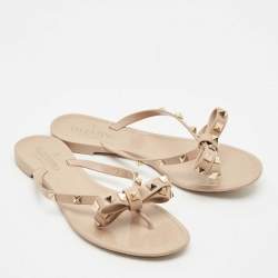 Pre Owned Valentino Beige Jelly Bow Rockstud Thong Flats Size 37