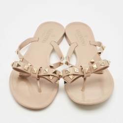 Pre Owned Valentino Beige Jelly Bow Rockstud Thong Flats Size 37