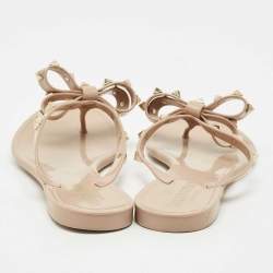 Pre Owned Valentino Beige Jelly Bow Rockstud Thong Flats Size 37