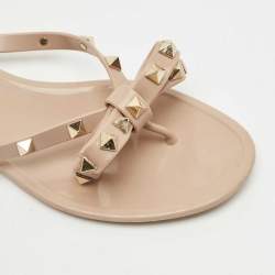 Pre Owned Valentino Beige Jelly Bow Rockstud Thong Flats Size 37