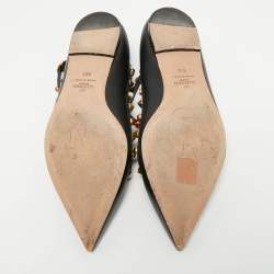 Pre Owned Valentino Black Leather Rockstud Rolling Ankle Strap Ballet Flats Size 39.5