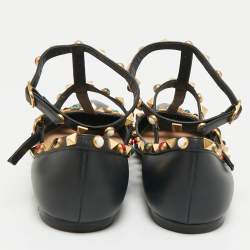 Pre Owned Valentino Black Leather Rockstud Rolling Ankle Strap Ballet Flats Size 39.5