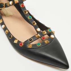 Pre Owned Valentino Black Leather Rockstud Rolling Ankle Strap Ballet Flats Size 39.5