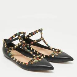 Pre Owned Valentino Black Leather Rockstud Rolling Ankle Strap Ballet Flats Size 39.5