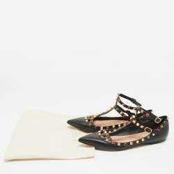 Pre Owned Valentino Black Leather Rockstud Rolling Ankle Strap Ballet Flats Size 39.5