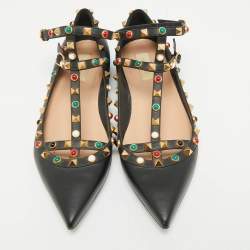 Pre Owned Valentino Black Leather Rockstud Rolling Ankle Strap Ballet Flats Size 39.5