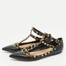 Pre Owned Valentino Black Leather Rockstud Rolling Ankle Strap Ballet Flats Size 39.5