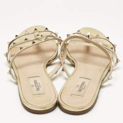 Pre Owned Valentino Gold Leather Rockstud Flat Slides Size 39.5