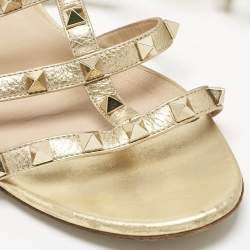 Pre Owned Valentino Gold Leather Rockstud Flat Slides Size 39.5
