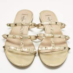 Pre Owned Valentino Gold Leather Rockstud Flat Slides Size 39.5