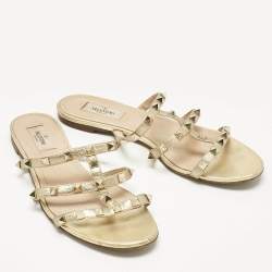 Pre Owned Valentino Gold Leather Rockstud Flat Slides Size 39.5