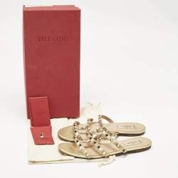 Pre Owned Valentino Gold Leather Rockstud Flat Slides Size 39.5