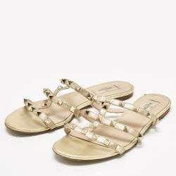 Pre Owned Valentino Gold Leather Rockstud Flat Slides Size 39.5