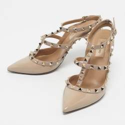 Pre Owned Valentino Beige Patent and Leather Rockstud Ankle Strap Sandals Size 38