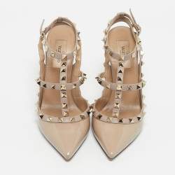 Pre Owned Valentino Beige Patent and Leather Rockstud Ankle Strap Sandals Size 38