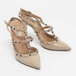 Pre Owned Valentino Beige Patent and Leather Rockstud Ankle Strap Sandals Size 38