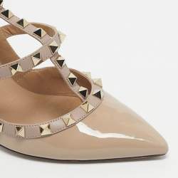 Pre Owned Valentino Beige Patent and Leather Rockstud Ankle Strap Sandals Size 38
