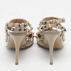 Pre Owned Valentino Beige Patent and Leather Rockstud Ankle Strap Sandals Size 38