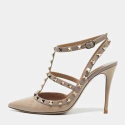 Pre Owned Valentino Beige Patent and Leather Rockstud Ankle Strap Sandals Size 38