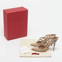 Pre Owned Valentino Beige Patent and Leather Rockstud Ankle Strap Sandals Size 38