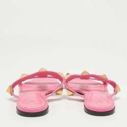Pre Owned Valentino Pink Leather Roman Stud Flat Slides Size 39