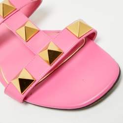 Pre Owned Valentino Pink Leather Roman Stud Flat Slides Size 39