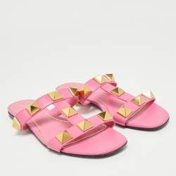 Pre Owned Valentino Pink Leather Roman Stud Flat Slides Size 39
