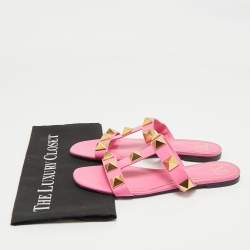 Pre Owned Valentino Pink Leather Roman Stud Flat Slides Size 39