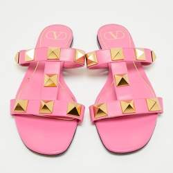 Pre Owned Valentino Pink Leather Roman Stud Flat Slides Size 39