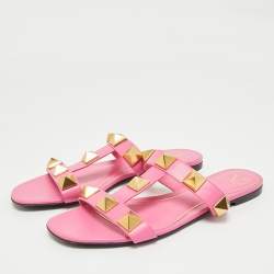 Pre Owned Valentino Pink Leather Roman Stud Flat Slides Size 39