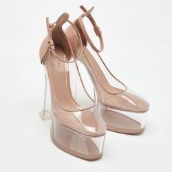 Pre Owned Valentino Transparent/Beige PVC and Patent Leather Tan-Go Platform Ankle Strap Pumps Size 38
