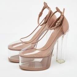 Pre Owned Valentino Transparent/Beige PVC and Patent Leather Tan-Go Platform Ankle Strap Pumps Size 38