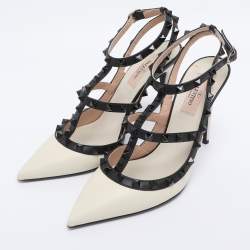 Pre Owned Valentino Off White/Black Leather Rockstud Ankle Strap Pumps Size 38