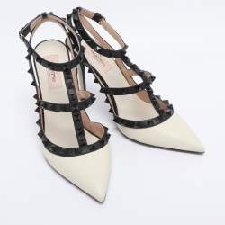 Pre Owned Valentino Off White/Black Leather Rockstud Ankle Strap Pumps Size 38