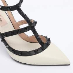 Pre Owned Valentino Off White/Black Leather Rockstud Ankle Strap Pumps Size 38
