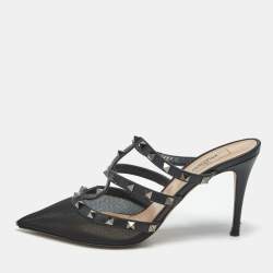 Pre Owned Valentino Black Leather and Mesh Rockstud Heel Mules Size 39