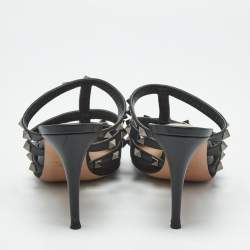 Pre Owned Valentino Black Leather and Mesh Rockstud Heel Mules Size 39